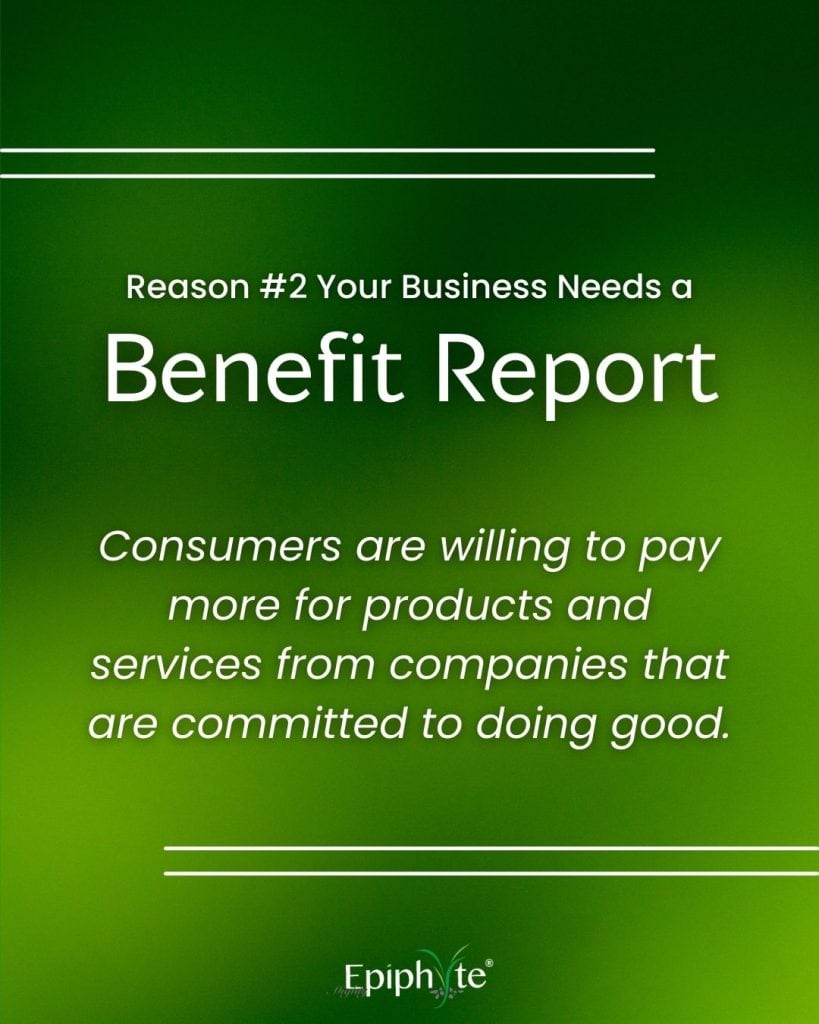 Reason #2 your business needs a benefit report: consumers are willing to pay more for products and services from companies that are committed to doing good.